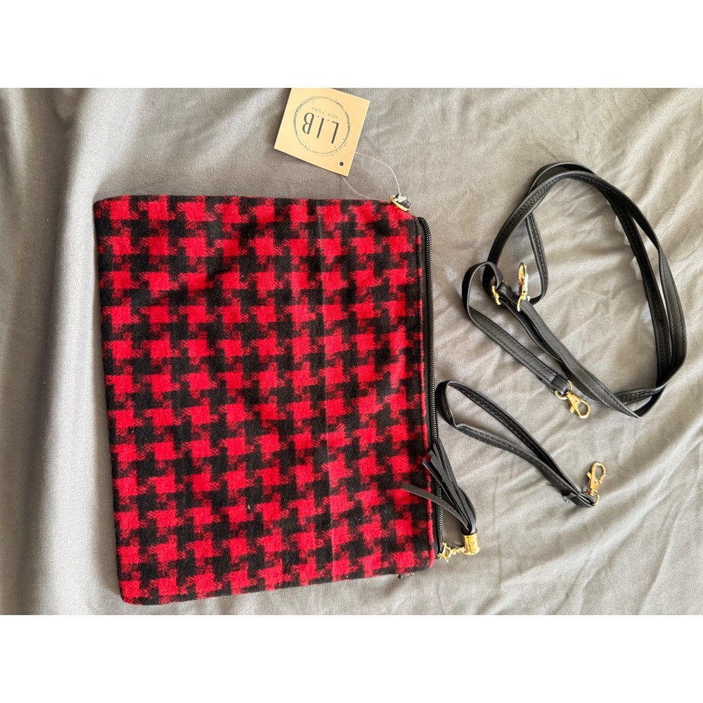 L.I.B. New York Red Black Houndstooth Crossbody Clutch Bag Tassel EABG‎ 9374 New